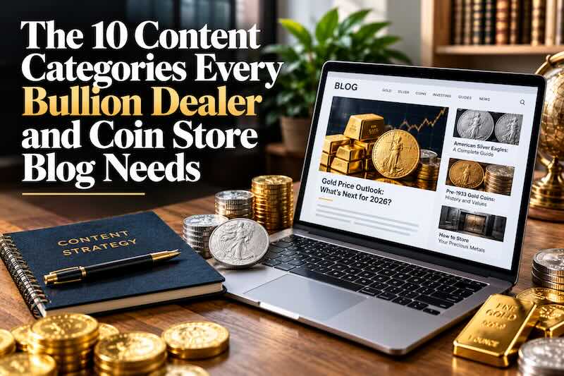 What to publish on a bullion dealer or coin store blog, how often, and in what mix. A 10-category framework plus a 90-day starting calendar.